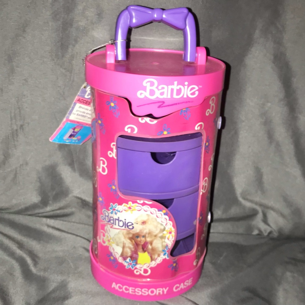 Vintage 1992 mattel barbie pink round cylinder accessory case clothes storage